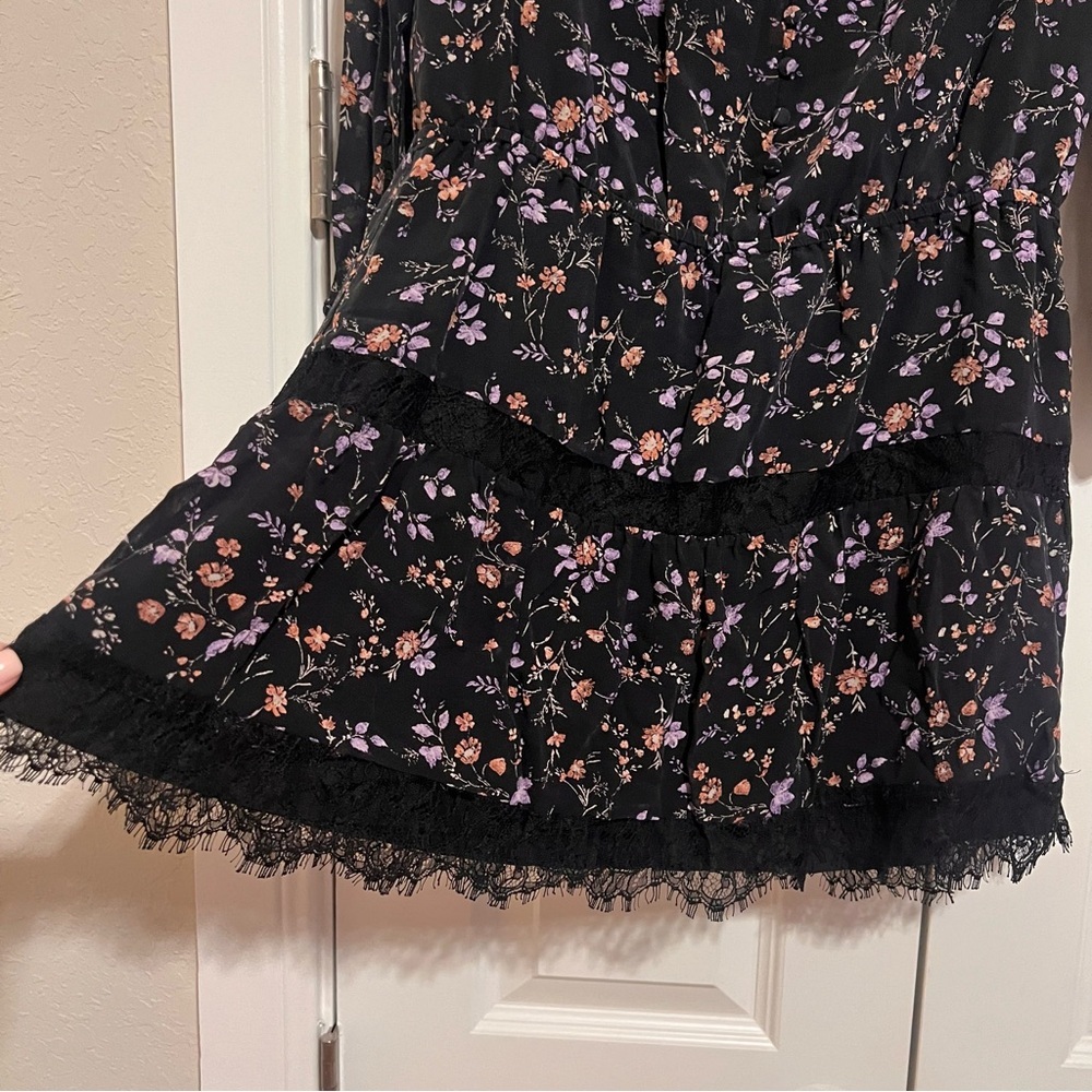 Joie Black Silk Dress with Pink and Purple Floral and Lace - Picture 4 of 11